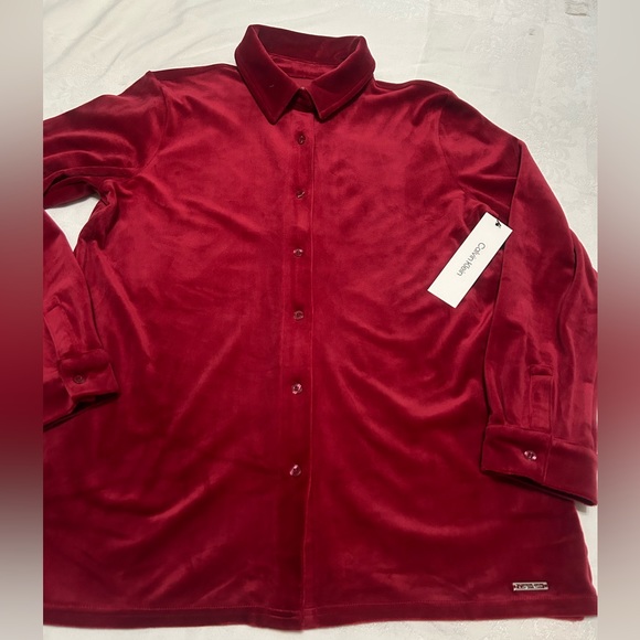 Calvin Klein Tops - Calvin Klein velvet button down shirt red size M NWT